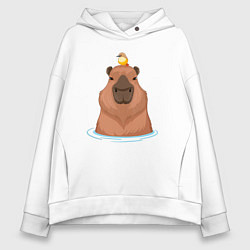 Толстовка оверсайз женская Капибара и птичка, цвет: белый