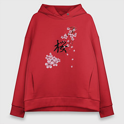 Толстовка оверсайз женская Цветущая вишня и красный круг с японским иероглифо, цвет: красный