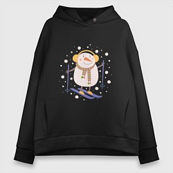 Толстовка оверсайз женская Снеговик лыжник, цвет: черный