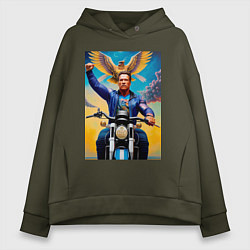 Толстовка оверсайз женская Arnold Schwarzenegger on a cool motorcycle - neura, цвет: хаки