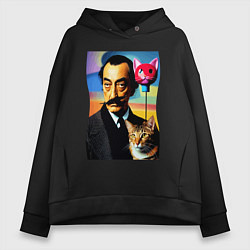 Толстовка оверсайз женская Salvador Dali and cat, цвет: черный