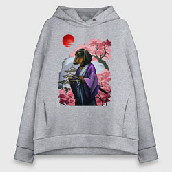 Толстовка оверсайз женская Такса-Самурай весенняя на фоне сакуры, цвет: меланж