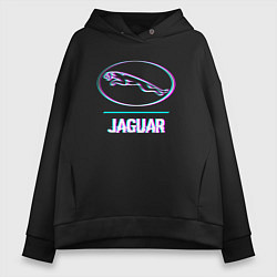 Толстовка оверсайз женская Значок Jaguar в стиле glitch, цвет: черный