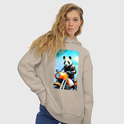 Толстовка оверсайз женская Панда крутой байкер - нейросеть, цвет: миндальный — фото 2