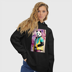 Толстовка оверсайз женская Панда в модной куртке - акварель, цвет: черный — фото 2