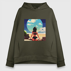 Толстовка оверсайз женская Девушка на пляже, цвет: хаки