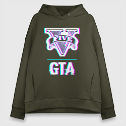 Толстовка оверсайз женская GTA в стиле glitch и баги графики, цвет: хаки