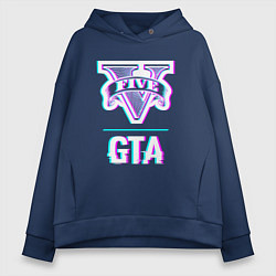 Толстовка оверсайз женская GTA в стиле glitch и баги графики, цвет: тёмно-синий