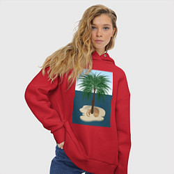 Толстовка оверсайз женская Кот под пальмой на острове, цвет: красный — фото 2