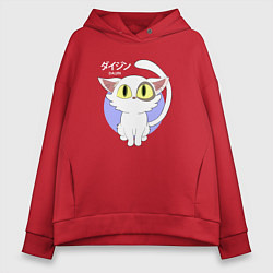 Толстовка оверсайз женская Судзумэ закрывающая двери: Котик белый, цвет: красный