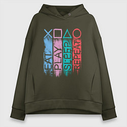 Толстовка оверсайз женская Ешь играй спи повтори, цвет: хаки