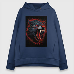 Толстовка оверсайз женская Агрессивный красный волк, цвет: тёмно-синий
