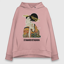 Толстовка оверсайз женская Утамаро Китагава - картина Гейша с трубкой, цвет: пыльно-розовый