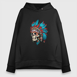 Толстовка оверсайз женская Череп Индейца с перьями, цвет: черный