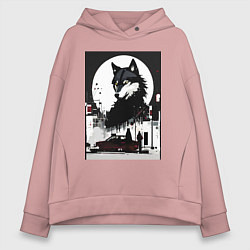 Толстовка оверсайз женская Волк в ночном городе - нейросеть, цвет: пыльно-розовый