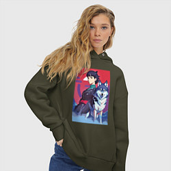 Толстовка оверсайз женская Девочка со своим другом волком - аниме, цвет: хаки — фото 2