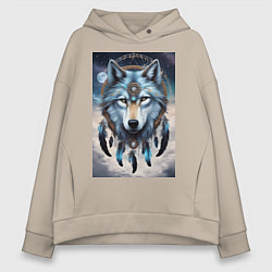 Толстовка оверсайз женская Шаман волк, цвет: миндальный
