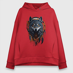Толстовка оверсайз женская Волк и ловец снов, цвет: красный
