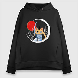 Толстовка оверсайз женская Анимешный кот самурай, цвет: черный