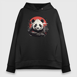 Толстовка оверсайз женская Панда с красным солнцем, цвет: черный