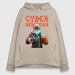 Толстовка оверсайз женская Santa with gift - cyberpunk - ai art, цвет: миндальный