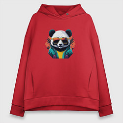 Толстовка оверсайз женская Стильная панда в очках, цвет: красный