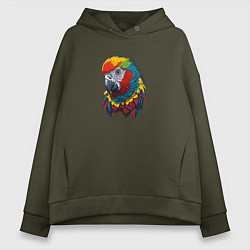 Толстовка оверсайз женская Красочный попугай в ярких перьях, цвет: хаки