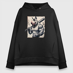 Толстовка оверсайз женская Качок Булли с битой - нейросеть, цвет: черный