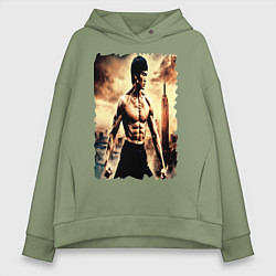 Толстовка оверсайз женская Брюс Ли на фоне города, цвет: авокадо
