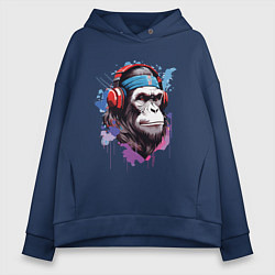 Толстовка оверсайз женская Шимпанзе в наушниках, цвет: тёмно-синий
