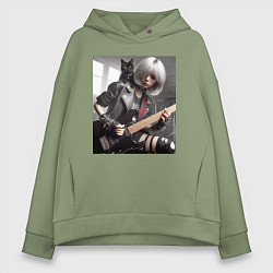 Толстовка оверсайз женская Девчонка рок гитарист с чёрным котом, цвет: авокадо