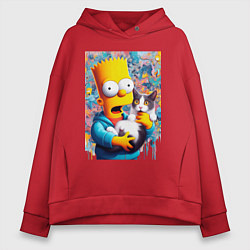 Толстовка оверсайз женская Bart Simpson with a kitten - ai art, цвет: красный