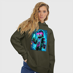 Толстовка оверсайз женская Minecraft - neon character ai art, цвет: хаки — фото 2