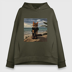 Толстовка оверсайз женская Пляжный котик, цвет: хаки
