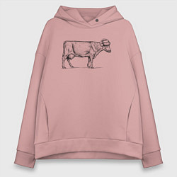 Толстовка оверсайз женская Новогодняя корова сбоку, цвет: пыльно-розовый