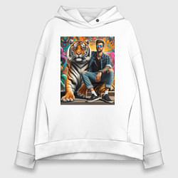 Толстовка оверсайз женская Чувак хипстер с тигром - нейросеть, цвет: белый