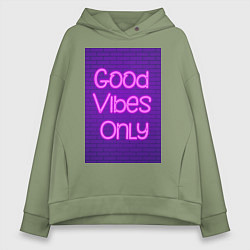 Женское худи оверсайз Неоновая надпись good vibes only и кирпичная стена