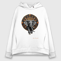 Толстовка оверсайз женская Слон с узорами на фоне колеса сансары, цвет: белый