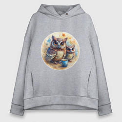 Толстовка оверсайз женская Совушки с кофе, цвет: меланж