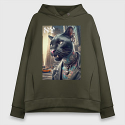 Толстовка оверсайз женская Cool dude panther from New York - ai art, цвет: хаки