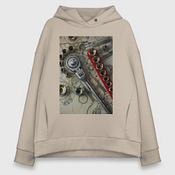 Толстовка оверсайз женская Трещотка ключ и чертеж, цвет: миндальный