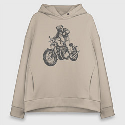 Толстовка оверсайз женская Мопс байкер на мотоцикле чоппере, цвет: миндальный