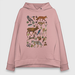 Толстовка оверсайз женская Лесные животные и птицы, цвет: пыльно-розовый