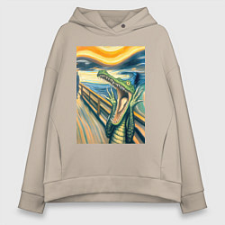 Толстовка оверсайз женская Крокодил кричит на картине Эдварда Мунка - мем иск, цвет: миндальный
