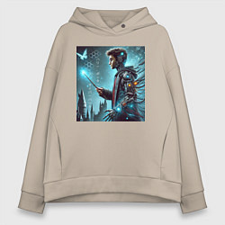 Толстовка оверсайз женская Harry Potter with a magic wand - cyberpunk, цвет: миндальный