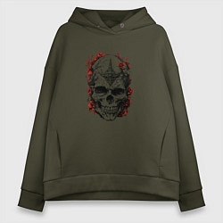 Толстовка оверсайз женская Череп с красными цветами, цвет: хаки