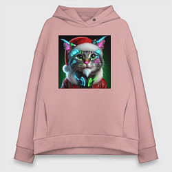 Толстовка оверсайз женская Новогодний кибер котик - нейроарт, цвет: пыльно-розовый