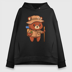 Толстовка оверсайз женская Мишка путешественник, цвет: черный