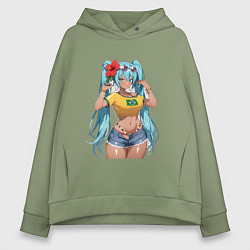 Толстовка оверсайз женская Miku Hatsune с цветком, цвет: авокадо