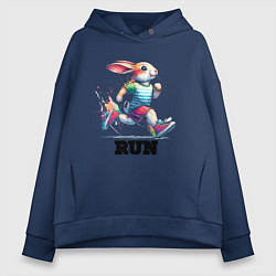 Толстовка оверсайз женская Заяц на тренировке, цвет: тёмно-синий